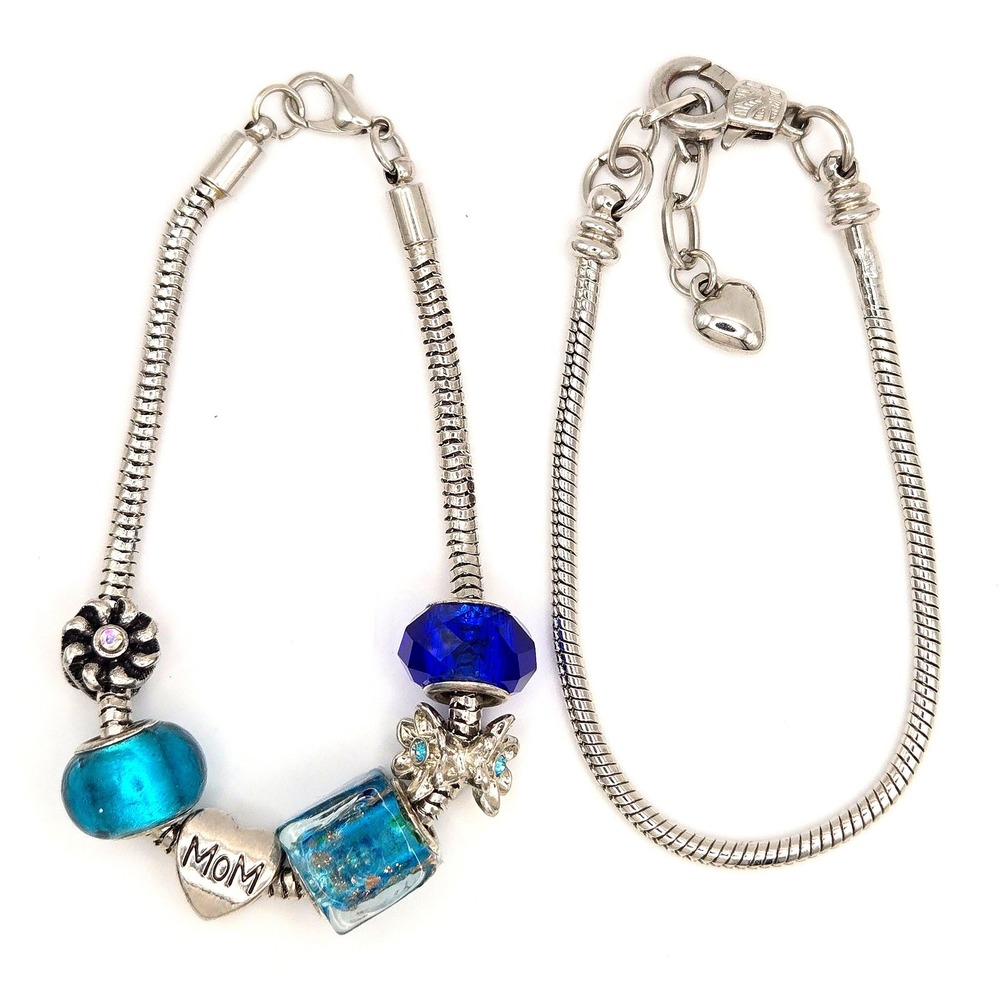 Pair of Silver Tone Charm Bracelet Mom‎ Heart Blue Crystal Beads Flower